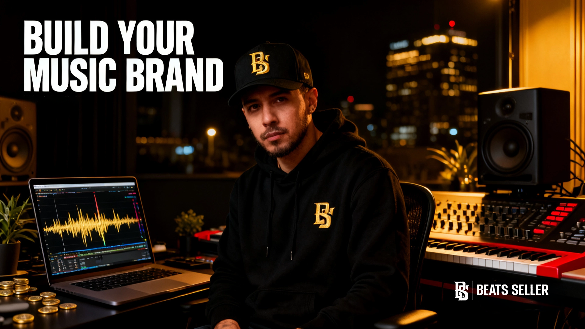 Independent music producer building a strong music brand with Beats Seller merch in a premium studio