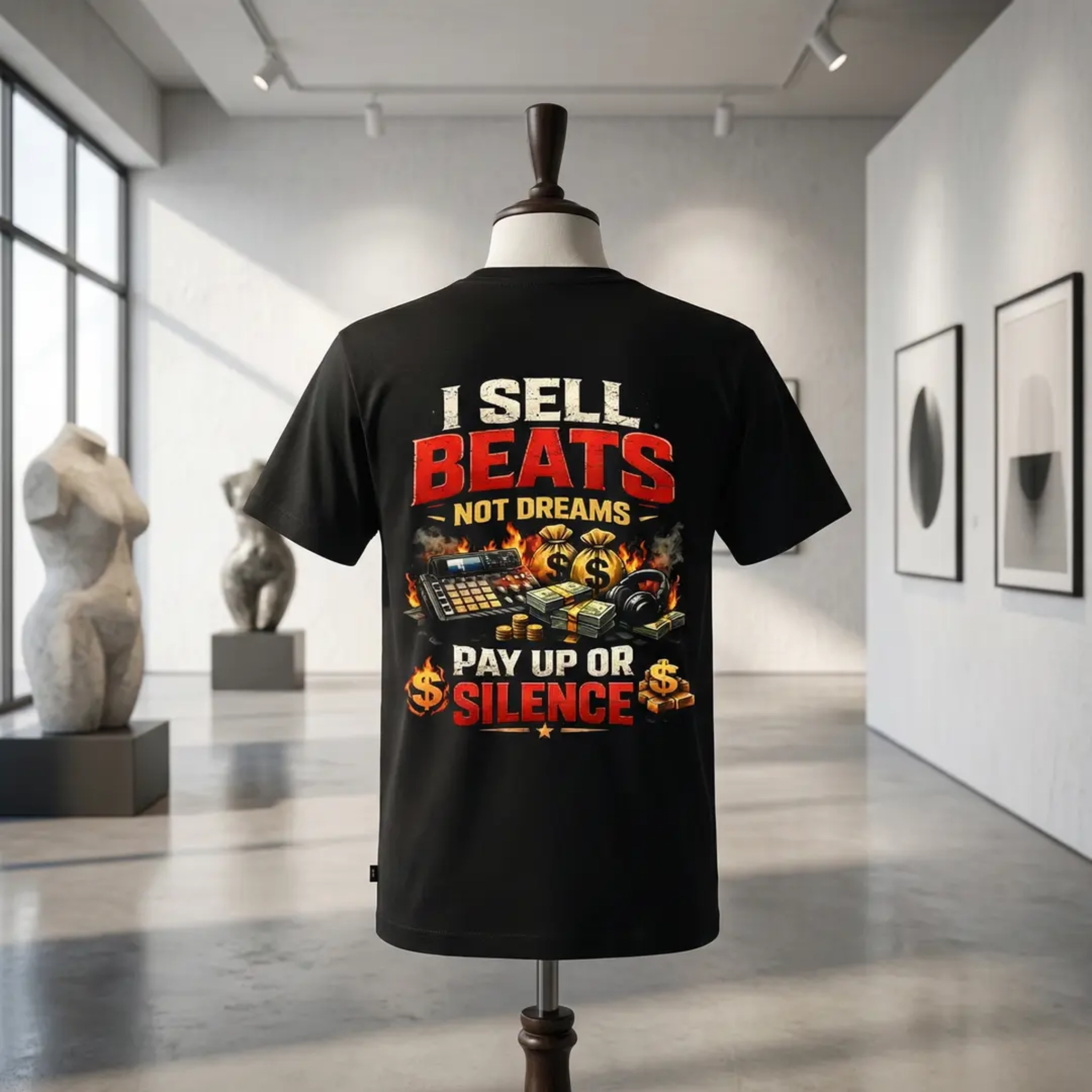 t-shirt de la marque beat seller, exposé sur un chevalet