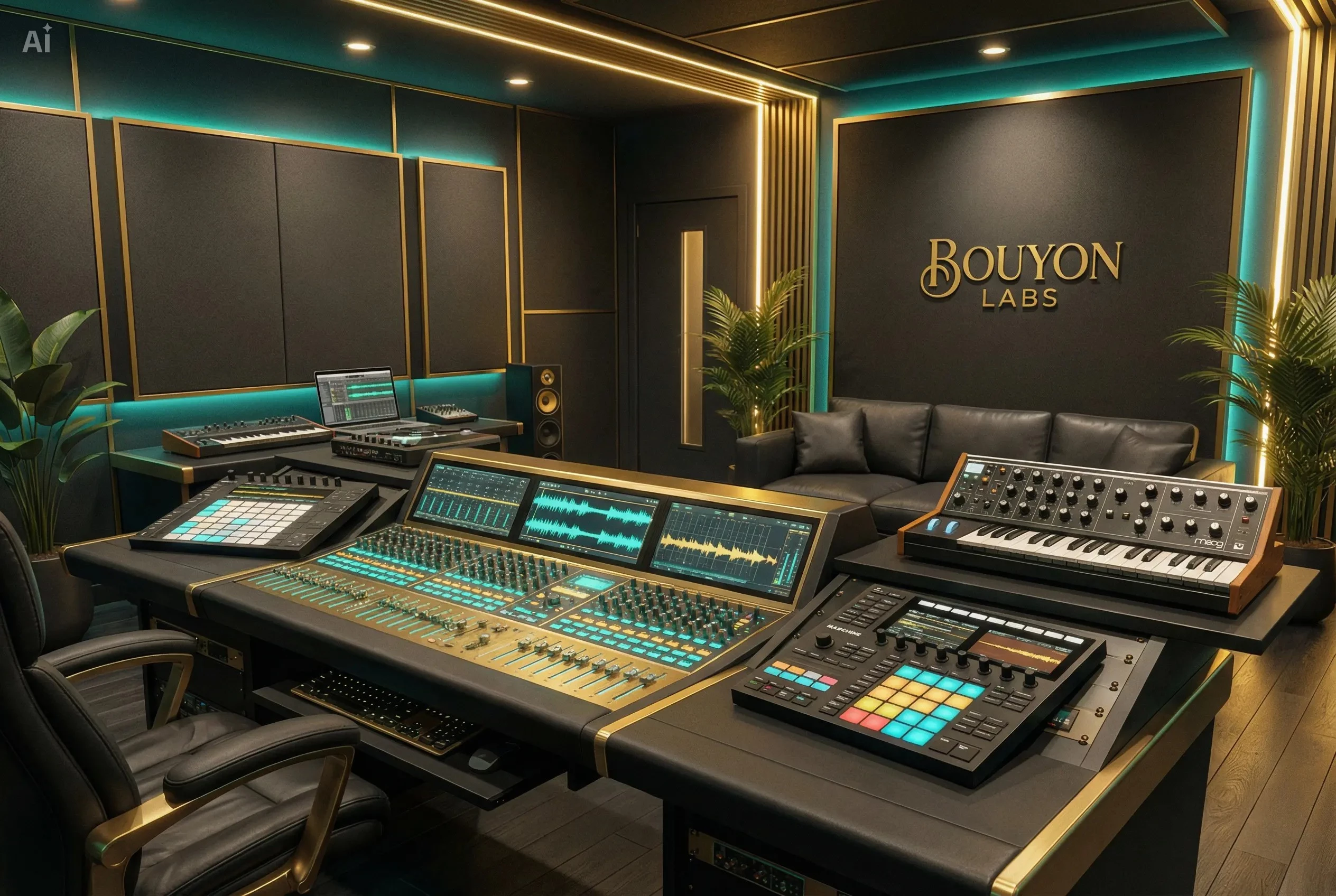 Recording studio setup for Bouyon music production — mixing desk and monitors