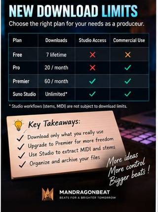 Suno 2026 download limits Free Pro Premier infographic