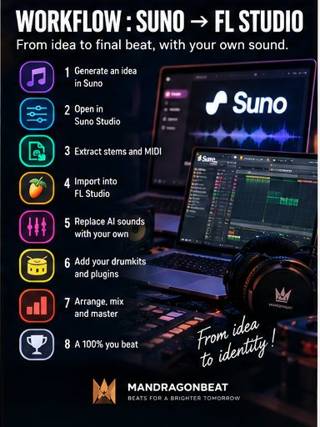 Suno Studio to FL Studio workflow with MIDI stems and custom drumkits