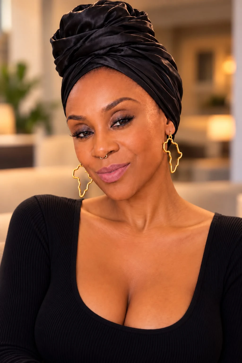 Jahina Noël wearing a black headwrap and Africa-shaped earrings.